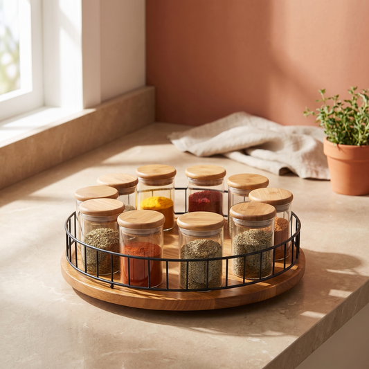 Étagère à épices rotative - scène cuisine beige terracotta