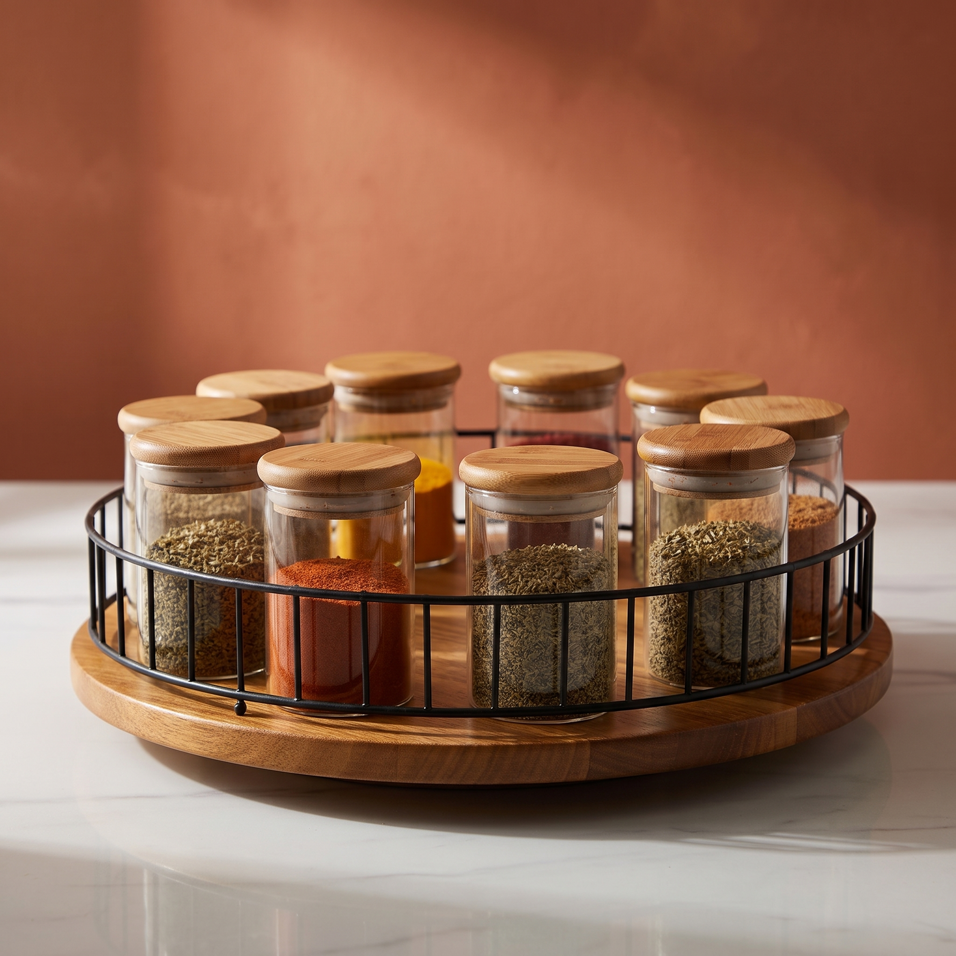 Étagère à épices rotative - angle bas mur terracotta
